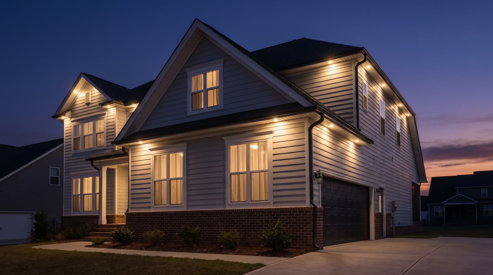 Angled view of a cream lap-siding two-story at blue hour, warm white downlights evenly spaced under every eave and gable