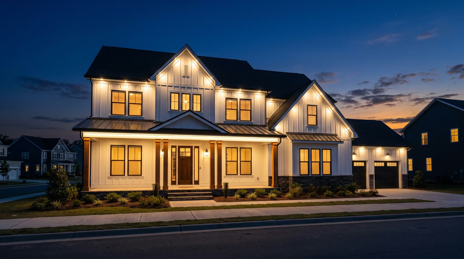 White board-and-batten farmhouse straight on from the street at blue hour, warm white roofline lights tracing every gable and the porch roof, stained wood door and stone skirting