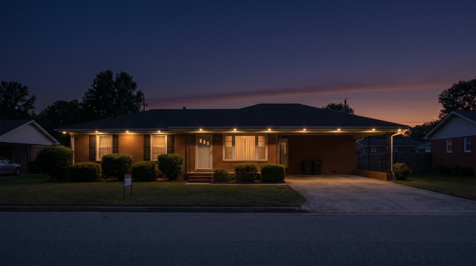 Single-story brick ranch house at blue hour, warm white roofline lighting tracing the eave over the porch and an attached carport, viewed straight-on from the street