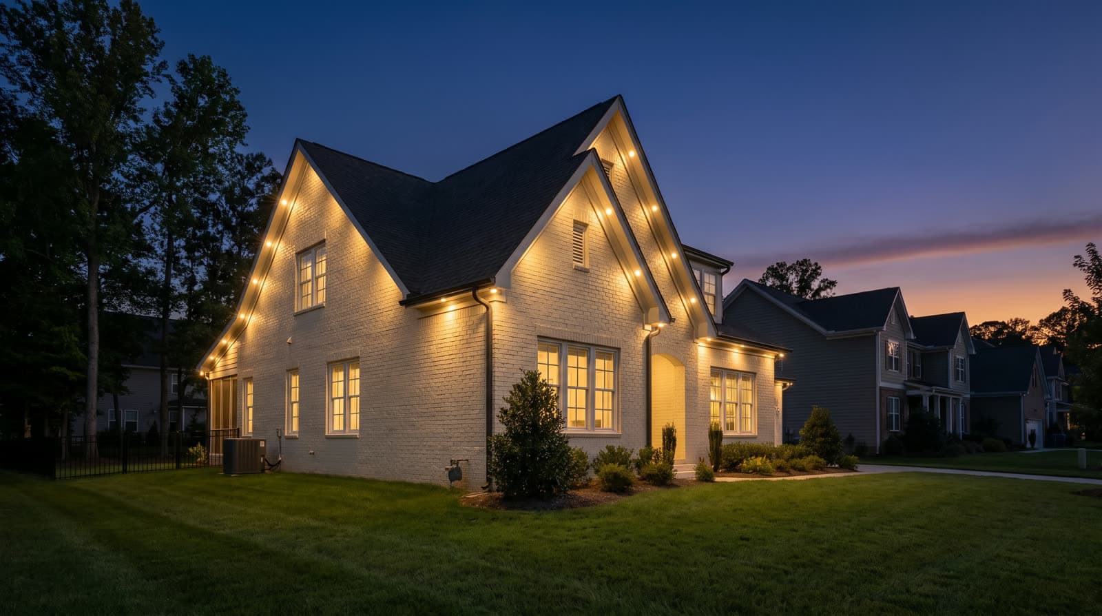 Two-story cream brick house at twilight with warm white lighting along the gable peaks and eaves, side angle