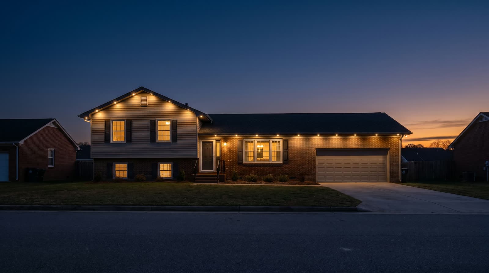 Split-level house with tan siding over a brick lower level, viewed straight-on from across the street at blue hour, warm white lighting along the upper gable peak continuing over the attached garage, windows glowing warm from inside