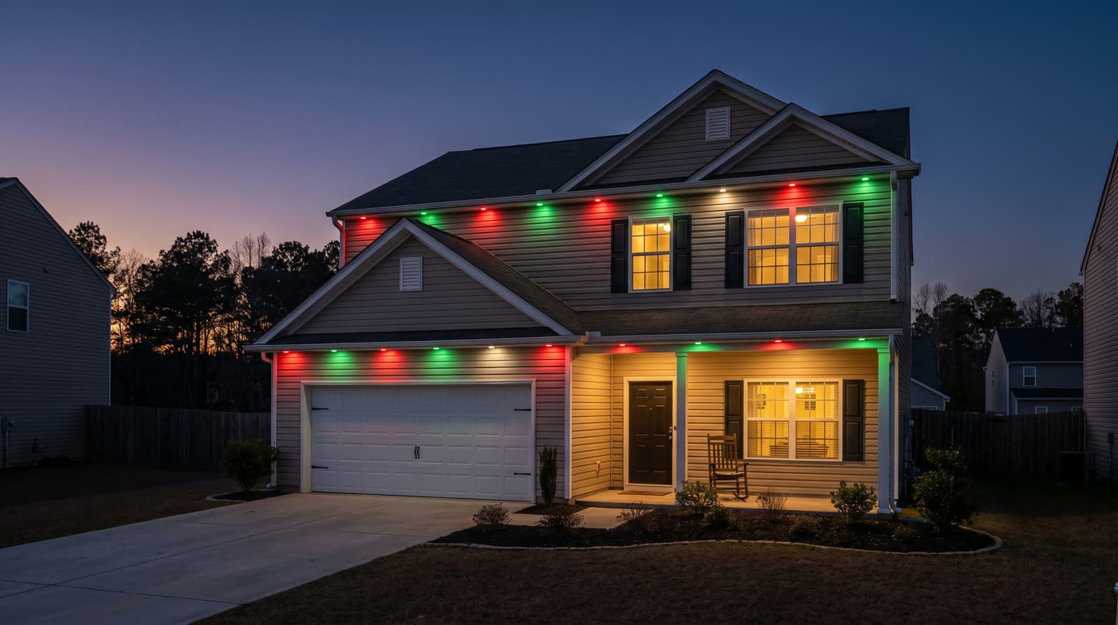 Tan siding two-story at twilight, red and green points above the garage and along the front porch eave