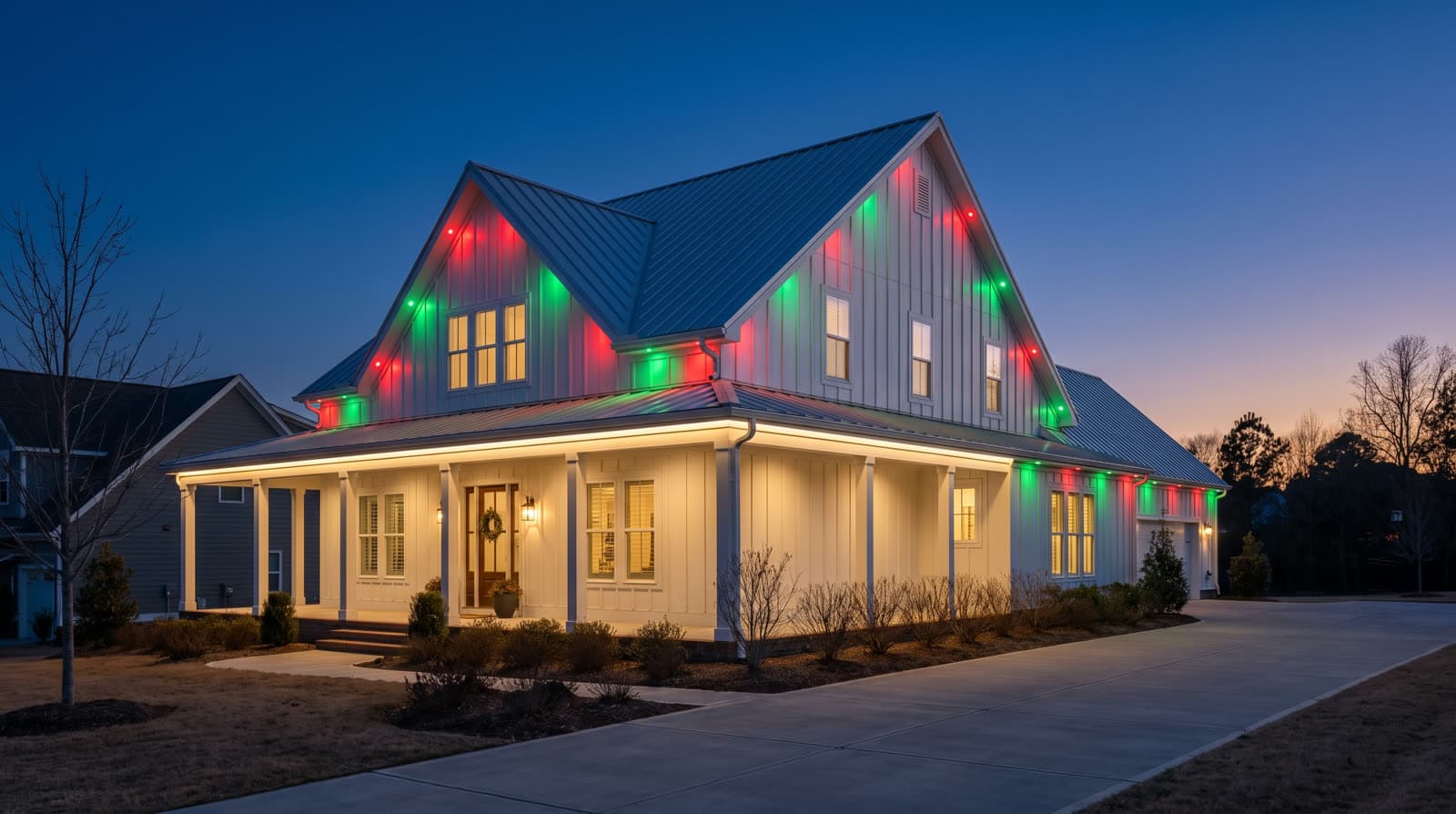White farmhouse with a standing-seam metal roof at blue hour, red and green points along the gable rakes above a lit wraparound porch