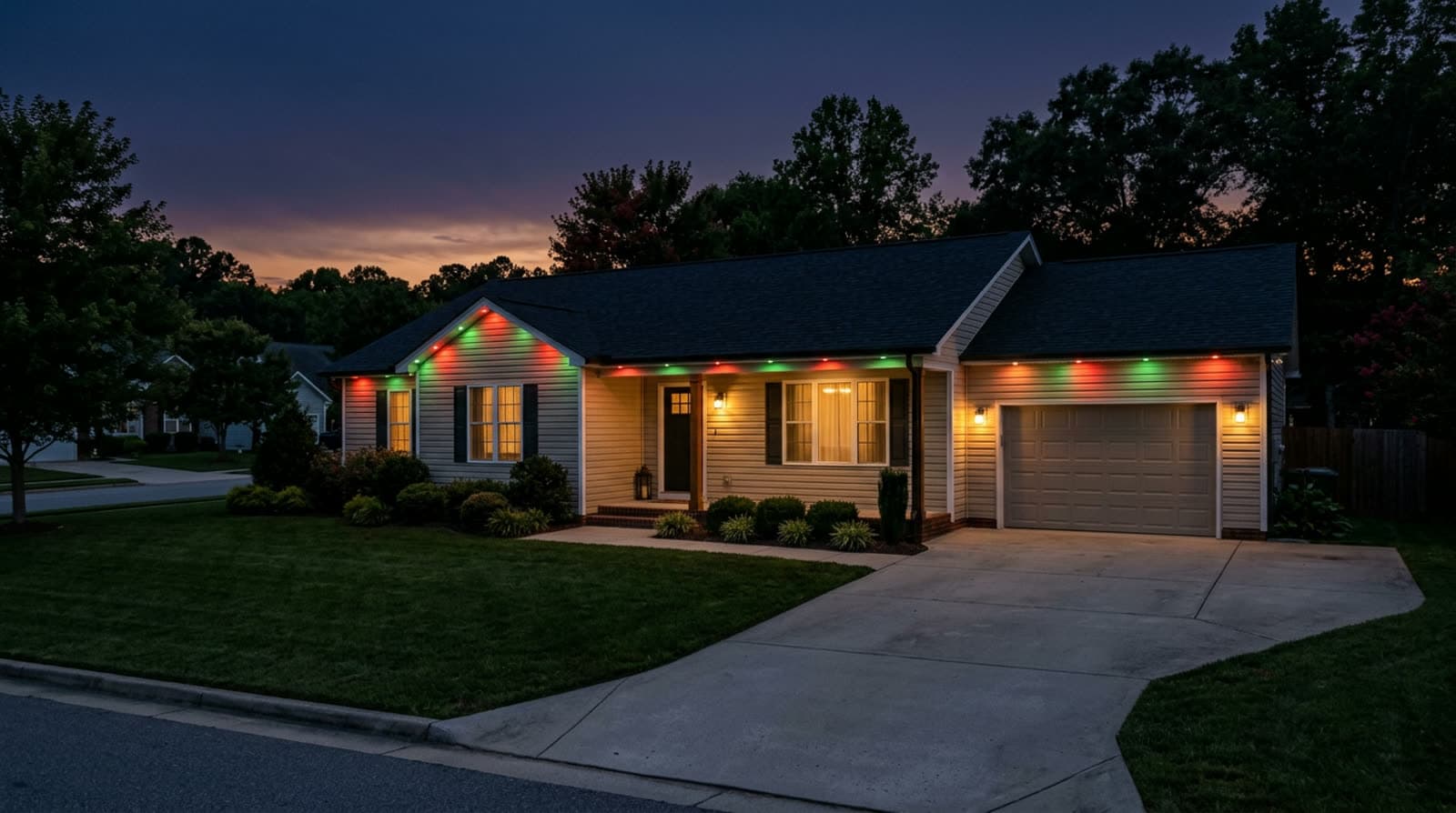 Single-story ranch with a projecting front gable and attached garage at twilight, alternating red and green bulbs along the gable rake and both eaves