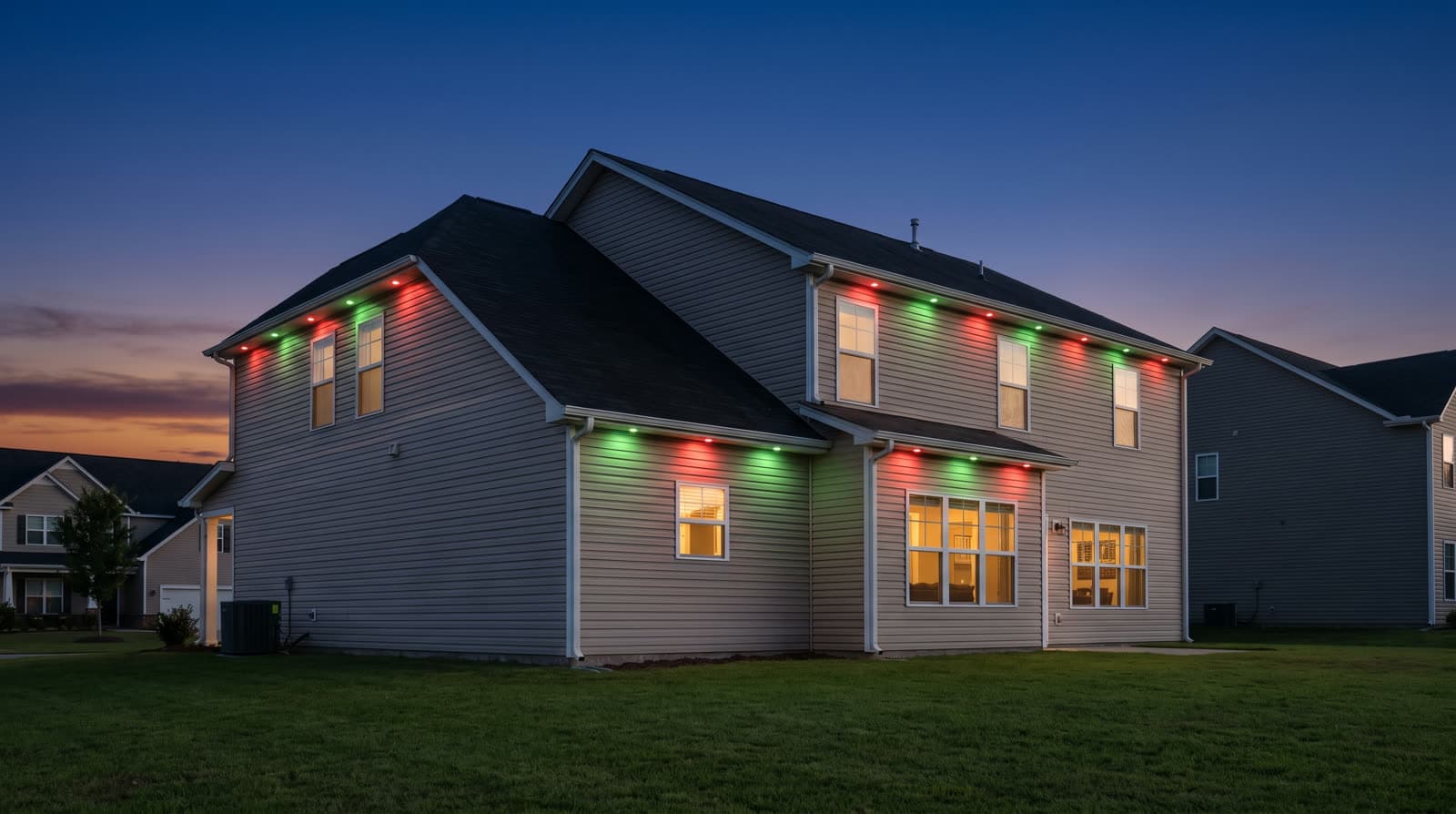 Two-story tan siding house, side elevation at twilight, alternating red and green roofline lights along every gable and eave
