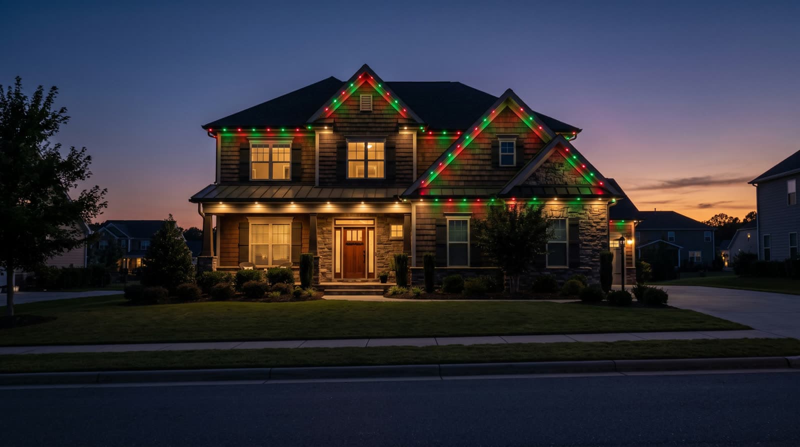 Shingle and stone craftsman at twilight with red and green roofline dots and warm white lighting under the porch roof