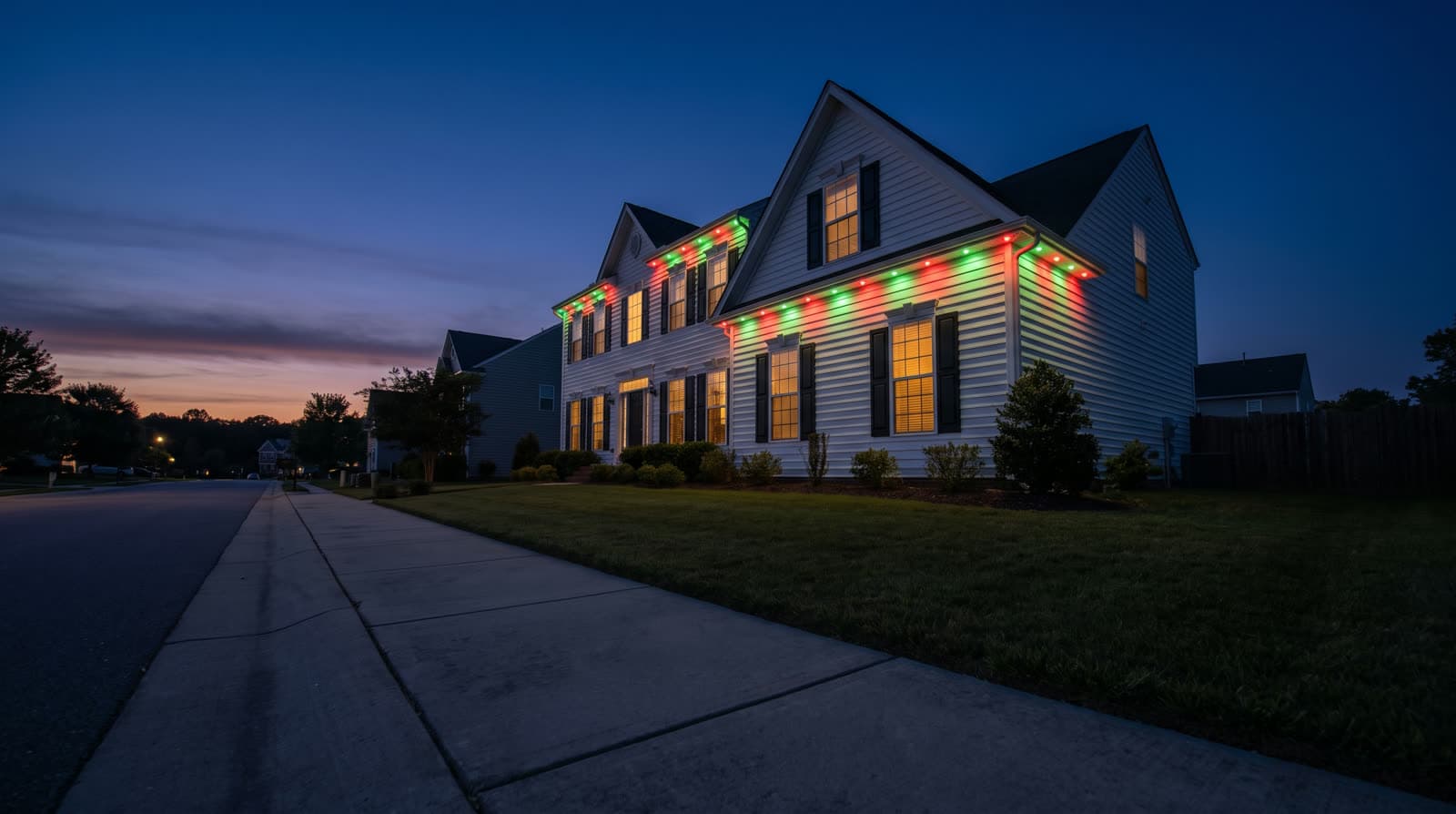 White lap-siding two-story with stacked front gables at blue hour, alternating red and green roofline lights along every eave and rake, seen from a wide sidewalk