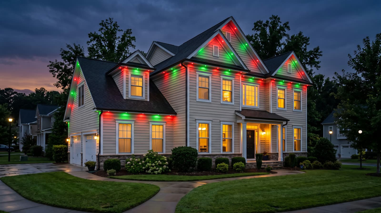 Two-story tan siding house at twilight with alternating red and green roofline lights tracing every gable and dormer, curved driveway in front