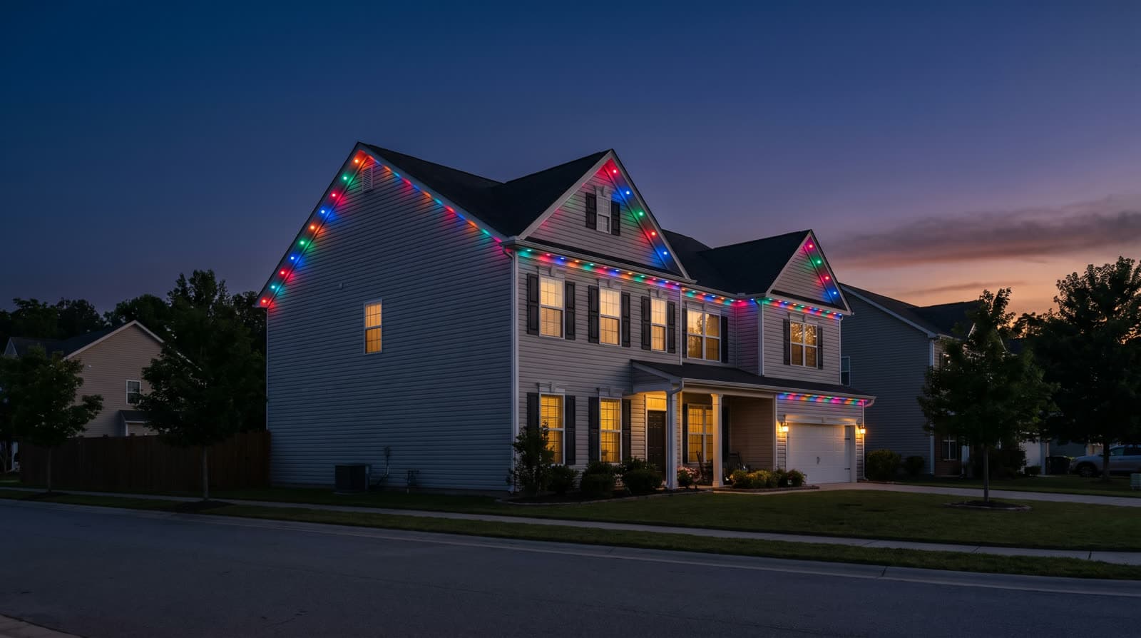 Two-story pale-gray vinyl-sided colonial with two front-facing gables and a covered entry porch, photographed from the street corner at blue hour with the front facade and one full side wall in view, red, green, blue and yellow lights tracing every gable rake, eave line and the garage eave, warm lit windows with black shutters, a two-car garage at right, young street trees along the sidewalk.