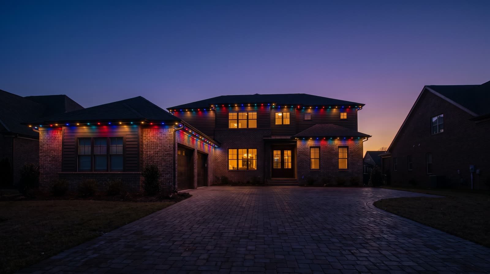 Brick two-story behind a wide paver driveway just after sunset, multicoloured roofline lights in red, green and blue running the full main eave and the garage wing, warm amber windows under a violet sky
