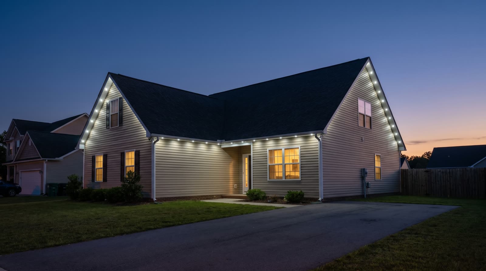 One-and-a-half-story tan vinyl-sided house with two steep front gables, photographed from the street at blue hour with a thin orange band on the horizon, warm white lights tracing both gable rakes and the full front eave, lit windows with dark shutters, a small covered entry, a paved driveway on the right and a wooden privacy fence beyond.
