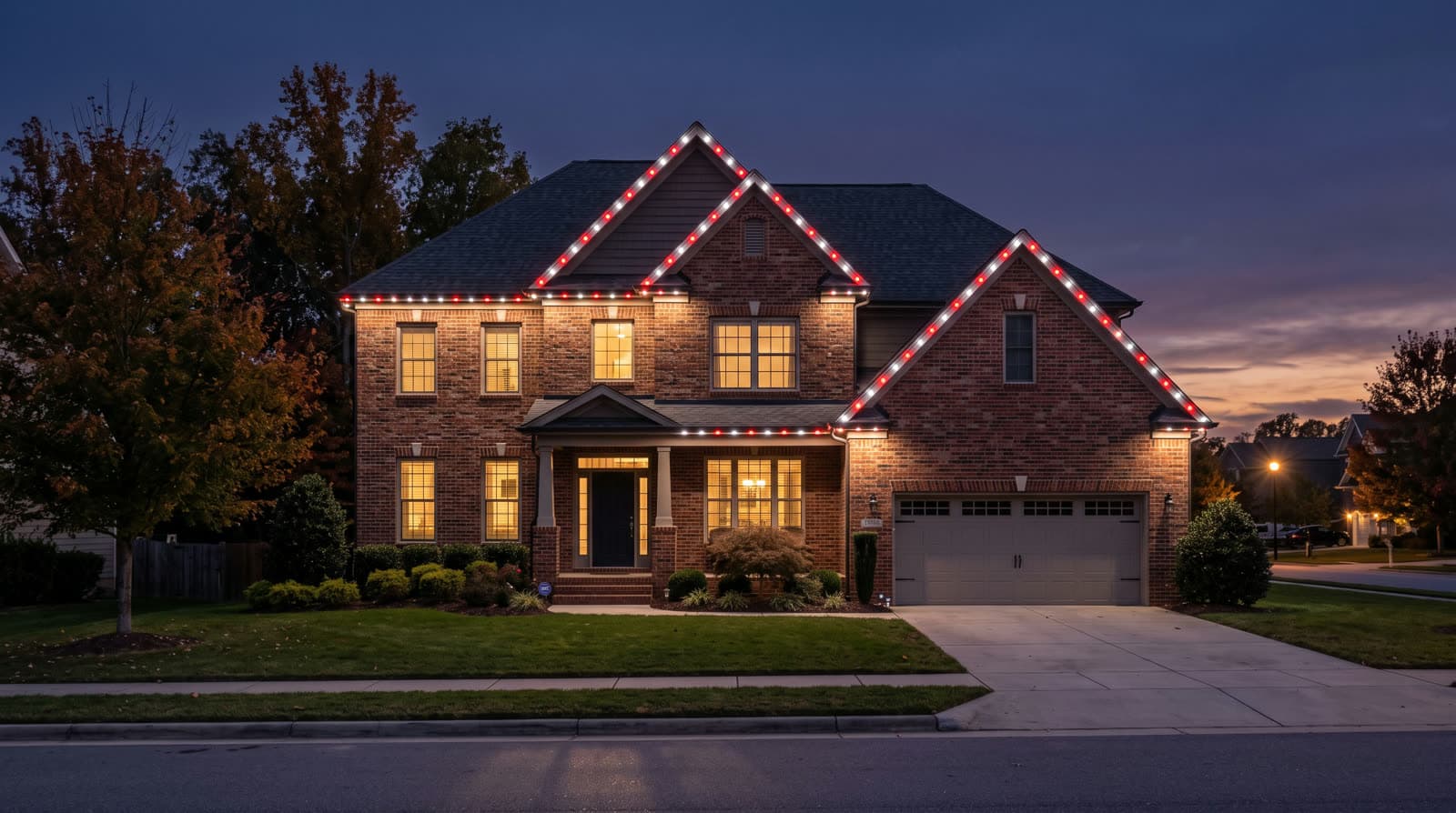Two-story red-brick colonial with three front-facing gable peaks, photographed straight on after sunset under a fading orange horizon band, red and warm white lights tracing every roofline edge and gable, a covered centre-gable porch entrance, warm lit windows across both floors, clipped foundation shrubs along the front.