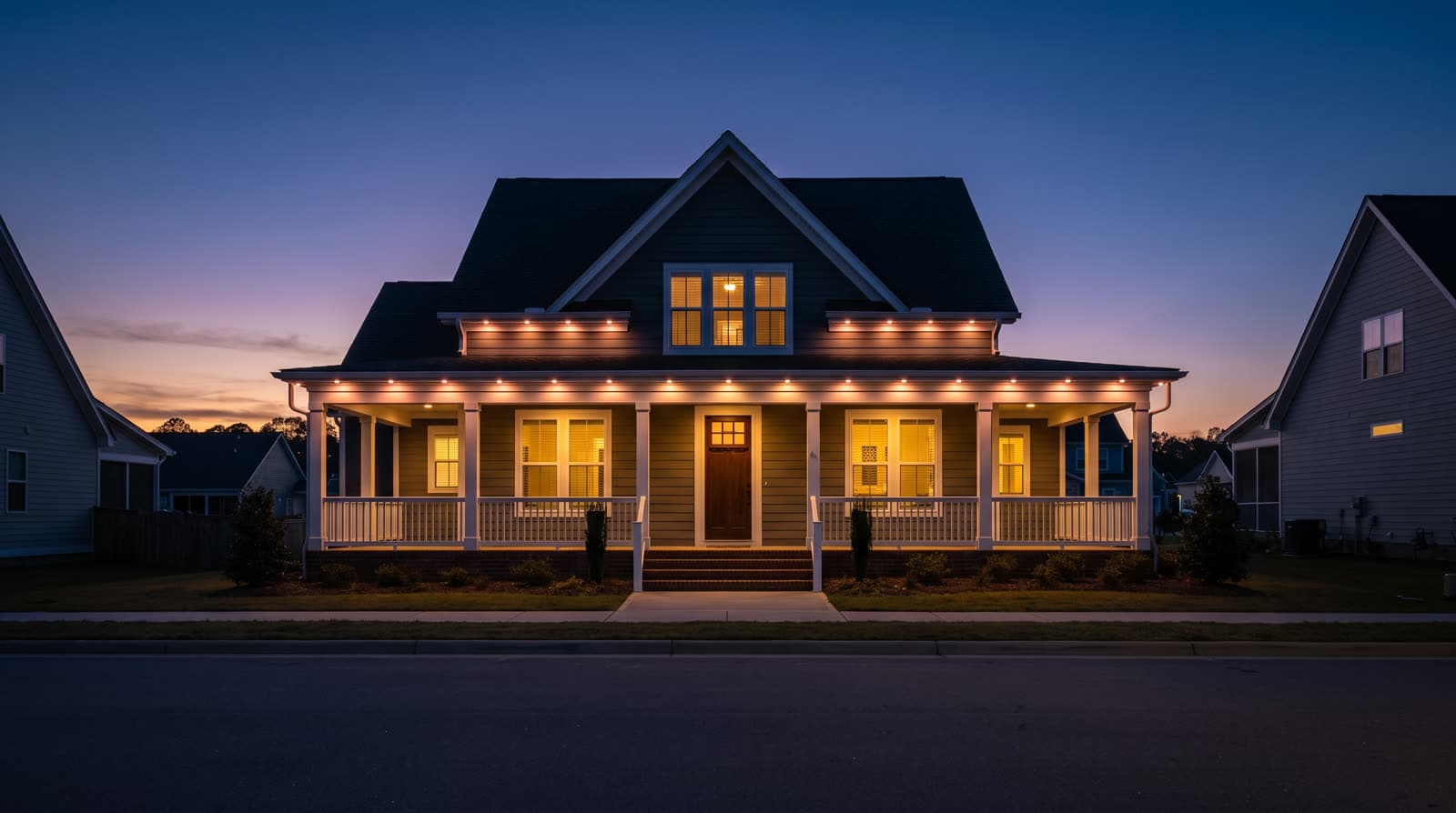 Sage-green craftsman bungalow with a full-width white wraparound porch and a centered front gable, photographed straight on from the street after sunset under a deep blue-to-violet sky, warm white lights tracing the porch eave and the gable rake, lit windows across the facade, two flanking evergreen shrubs at the steps.