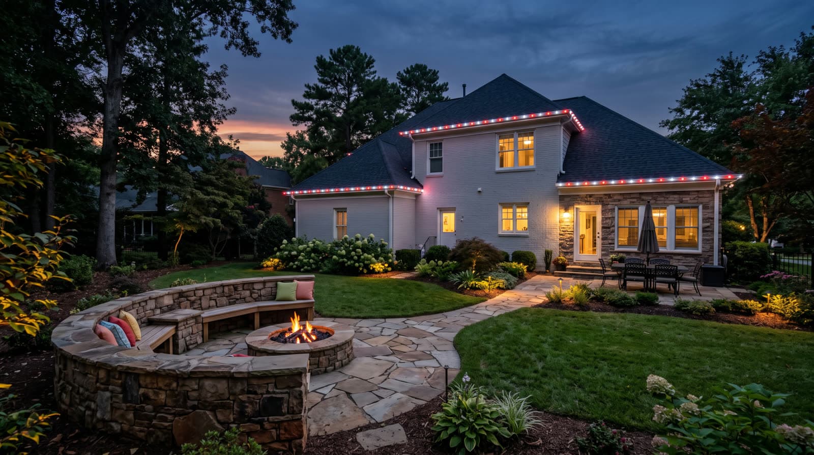 Two-story house with painted white-brick upper level and a natural stone-veneer lower wing, photographed from the rear yard at blue hour with a fading orange sunset band low on the horizon. Red and white lights trace the roofline along both gable ends and the lower eave, warm light glowing from the double-hung windows and a white side door, with a curved stone fire-pit patio and cushioned bench seating in the foreground.
