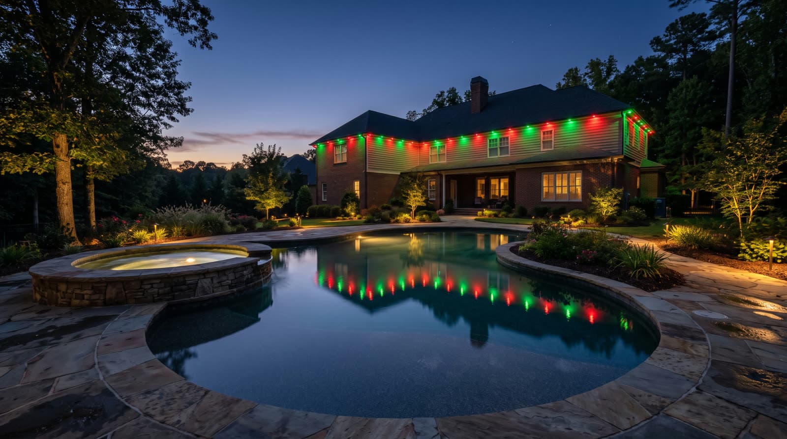 Two-story brick house with a central chimney, seen across a round pool and separate spa at blue hour, red and green bulb-style lights running the full roofline and porch gable, warm light glowing from the front windows, the colored lights reflected in the still pool water.