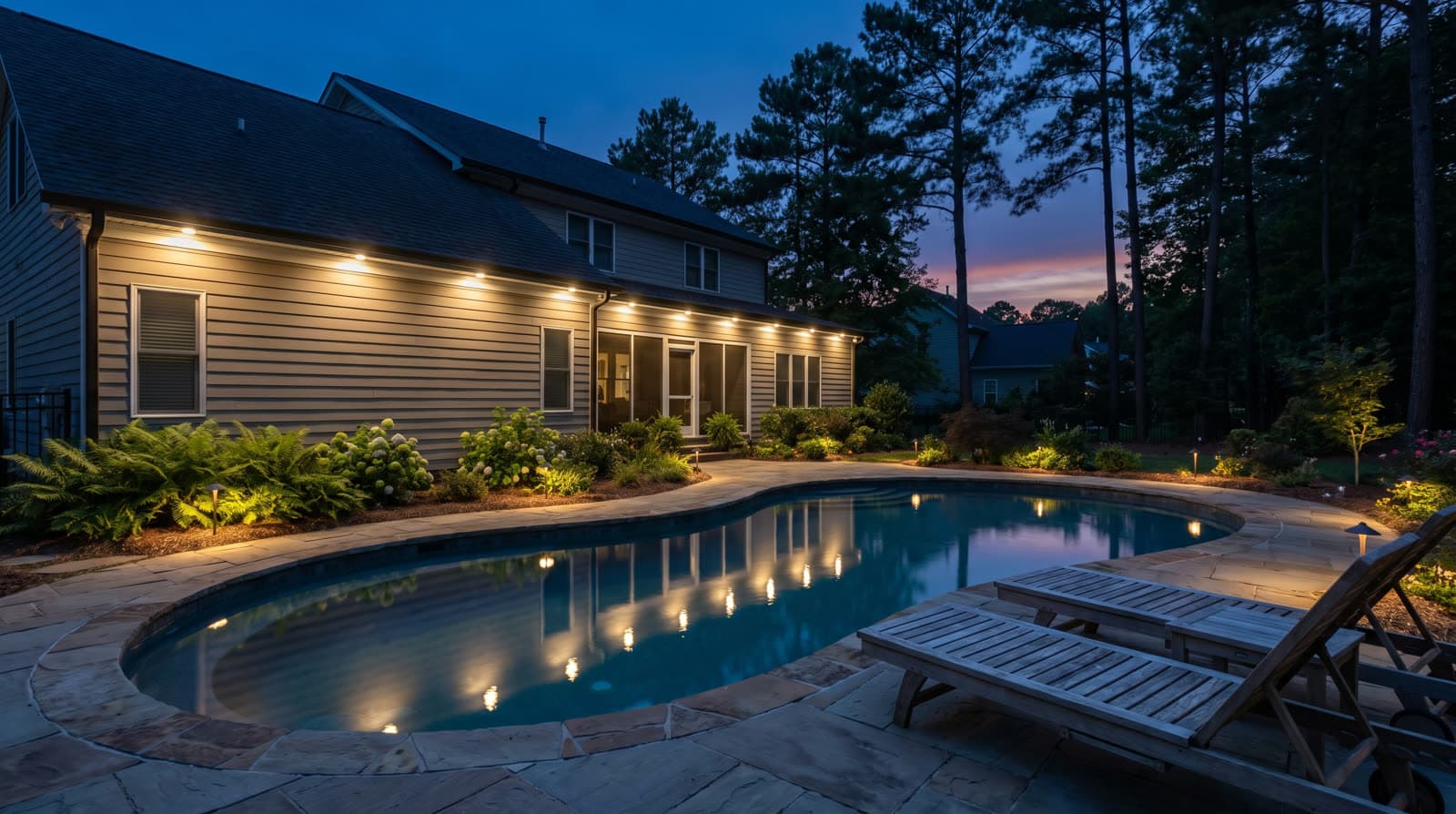 Two-story tan-sided house with a dark shingle roof and a front gable, seen across a curved pool at blue hour with a pink-orange sunset band low on the horizon, warm white lights tracing the full eave line and the covered porch roof, ferns and hydrangeas along the foundation, tall pines silhouetted on the right.