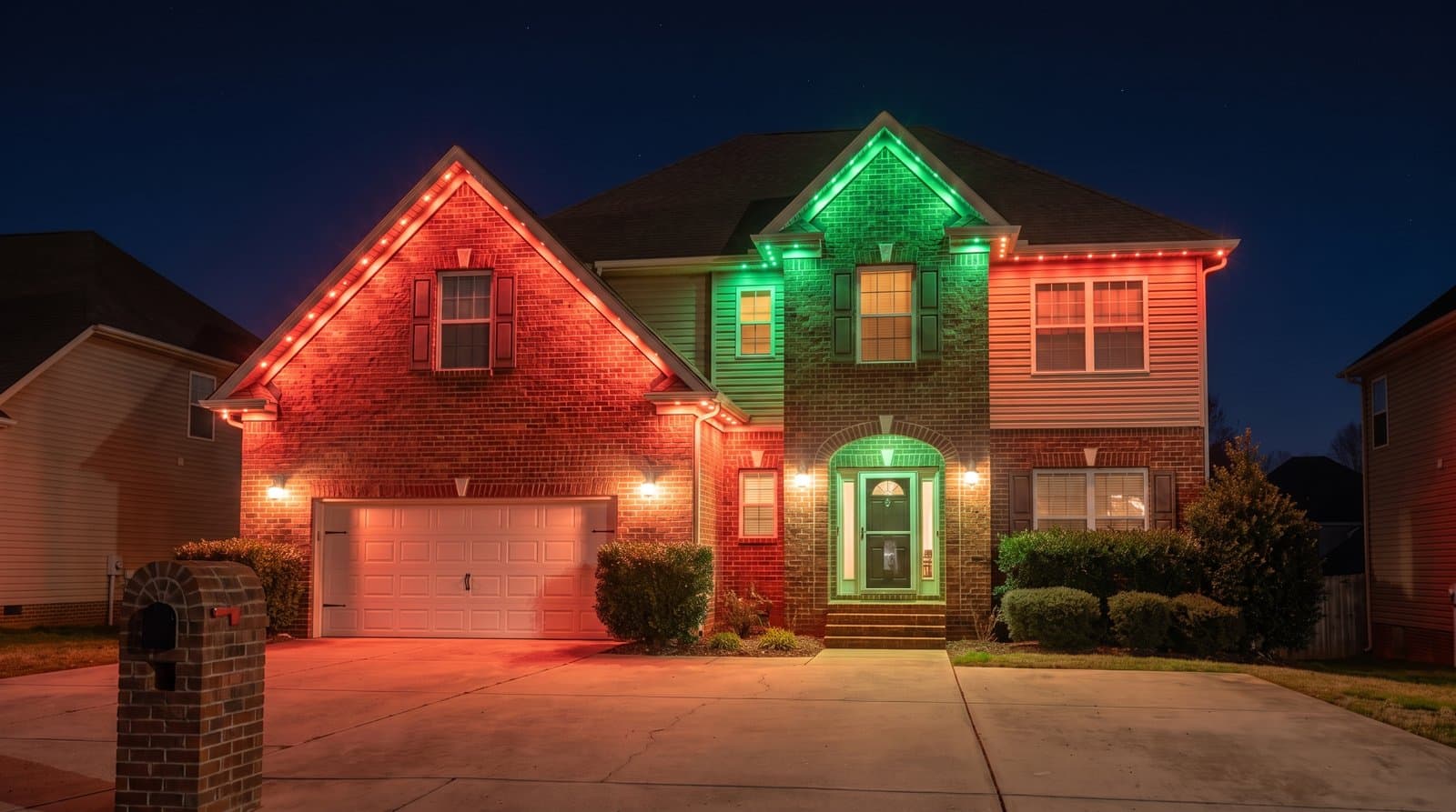 Two-story brick house viewed head-on, red lights along the left roofline and green lights outlining the center gable and archway above the front door