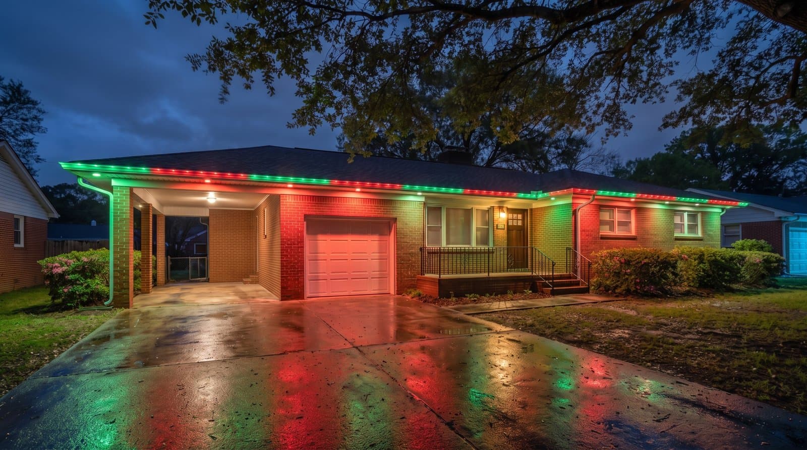 Single-story brick ranch with a carport, shot at an angle under overhanging tree branches, red and green lights alternating along the roofline