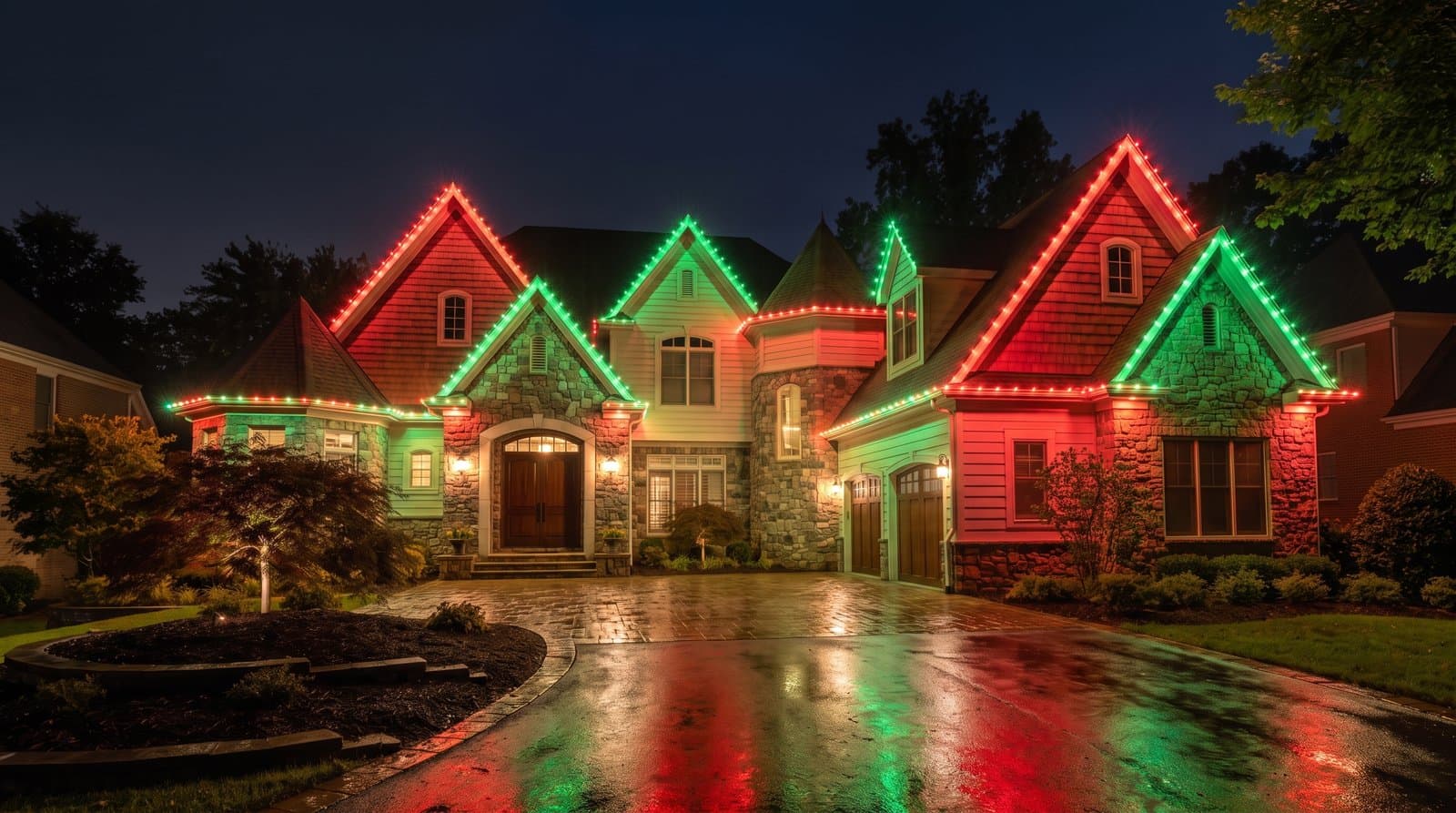 Large stone-and-shake home with multiple gables and a turret, viewed head-on, red and green lights alternating along each roofline
