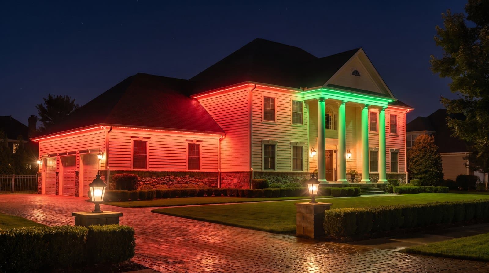 Colonial-style house with a columned front portico, shot at an angle, red lights along the roof eave and green lights up the portico columns