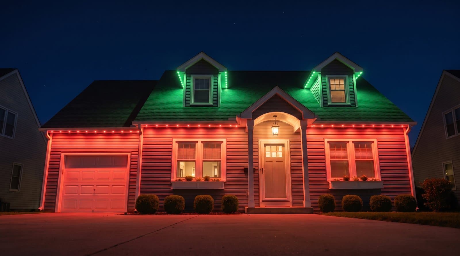 Cape Cod house with two front dormers and window flower boxes, viewed head-on, green lights outlining the dormers and red lights along the eave